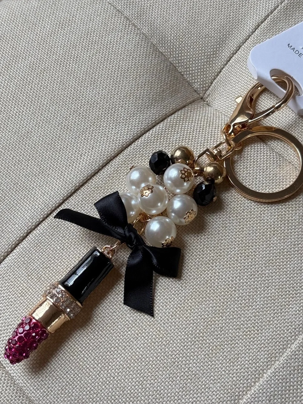 Pearl & Black Ribbon Lipstick Keychain Bag Charm